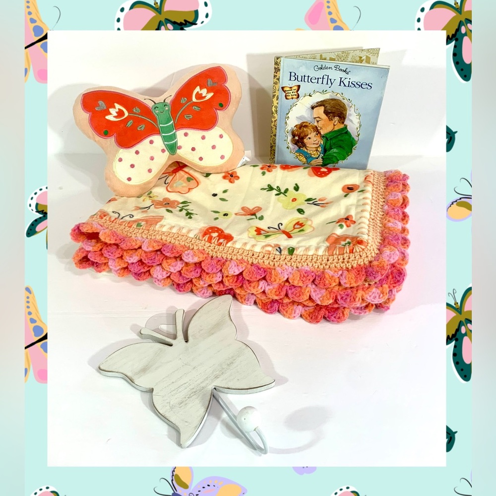 Butterfly Kisses Minky/Sherpa Crochet Baby Blanket Gift Set - 4 Pc